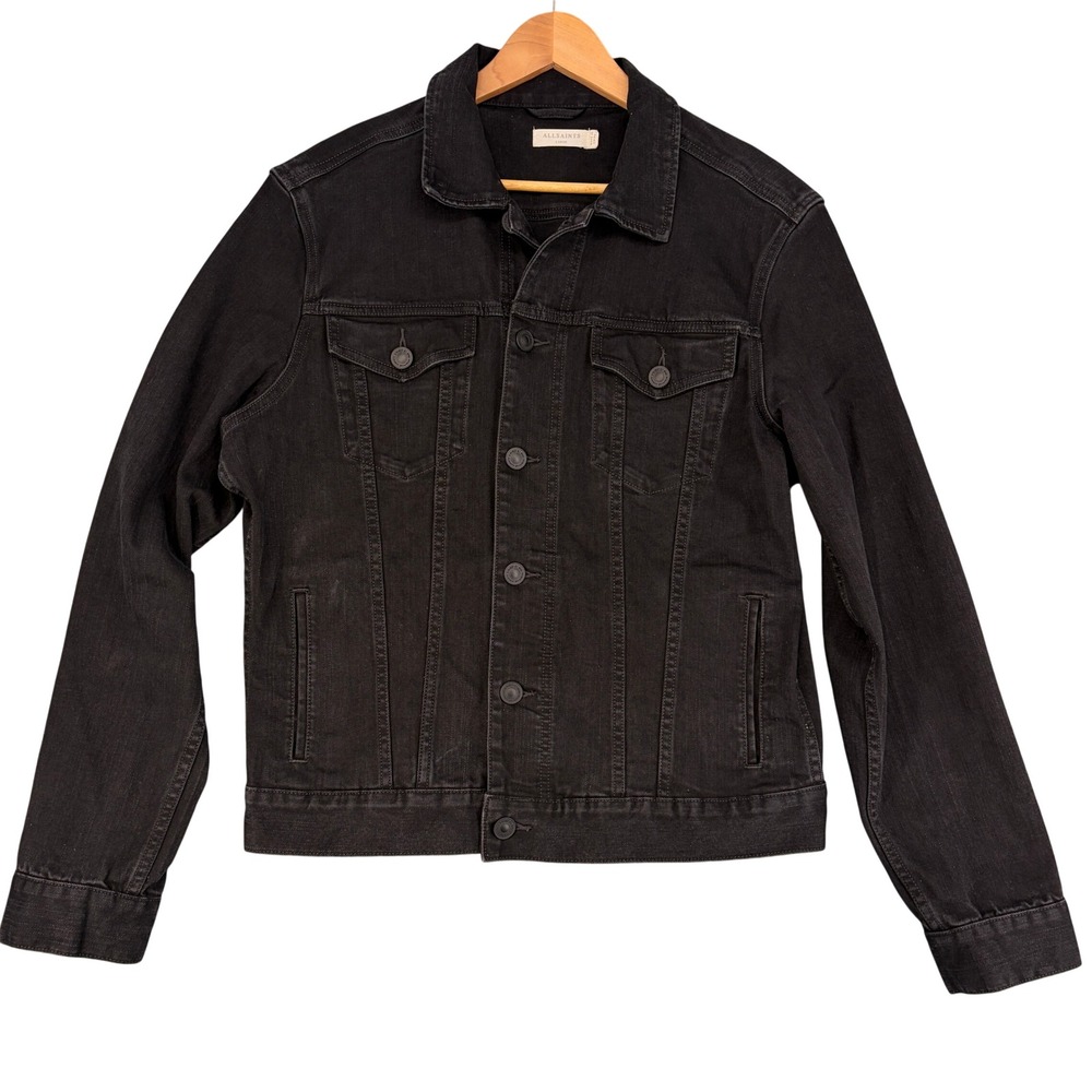 AllSaints Anor Black Denim Trucker Jacket Size Large City MA025U Minimalist Edgy